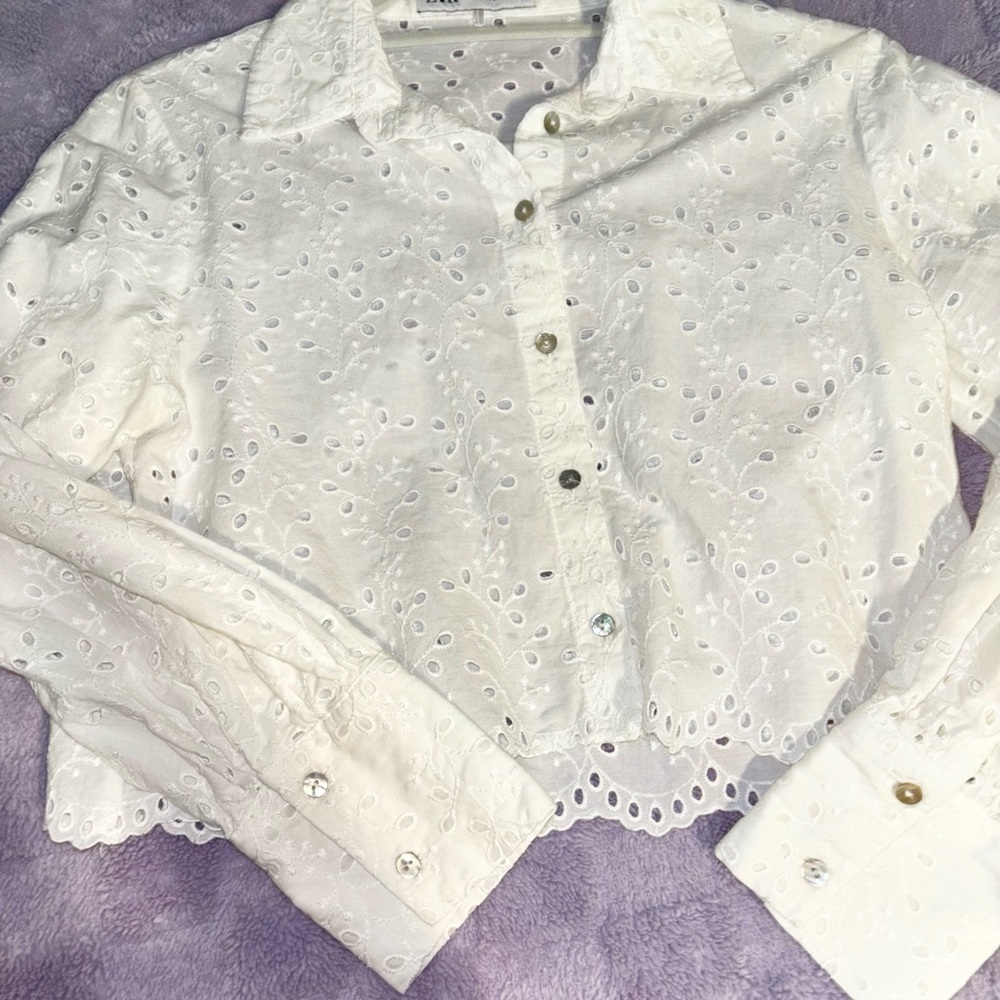 Zara White Embroidered Eyelet Button-Up Crop Top